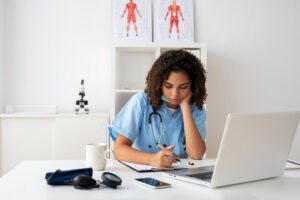 new grad nurse writing on paper